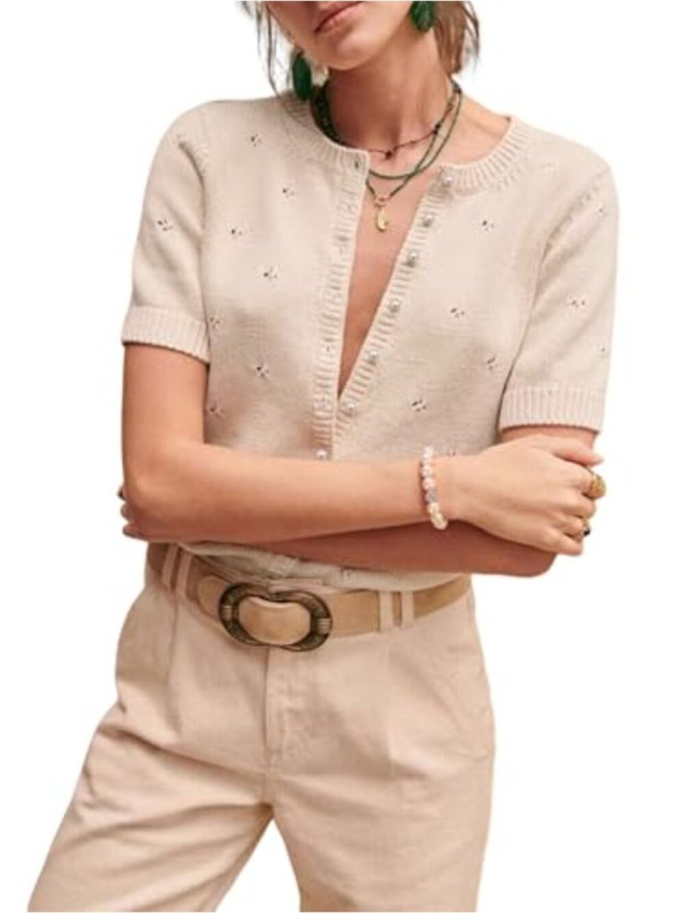 Women's Short Sleeve Summer Cardigan Crochet Knit Lightweight Button Down Crew